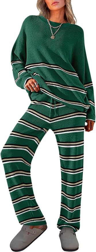 Caracilia Women's 2 Piece Outfits Sweater Sets Striped Oversized Sweaters Knit Wide Leg Pant Loun... | Amazon (US)