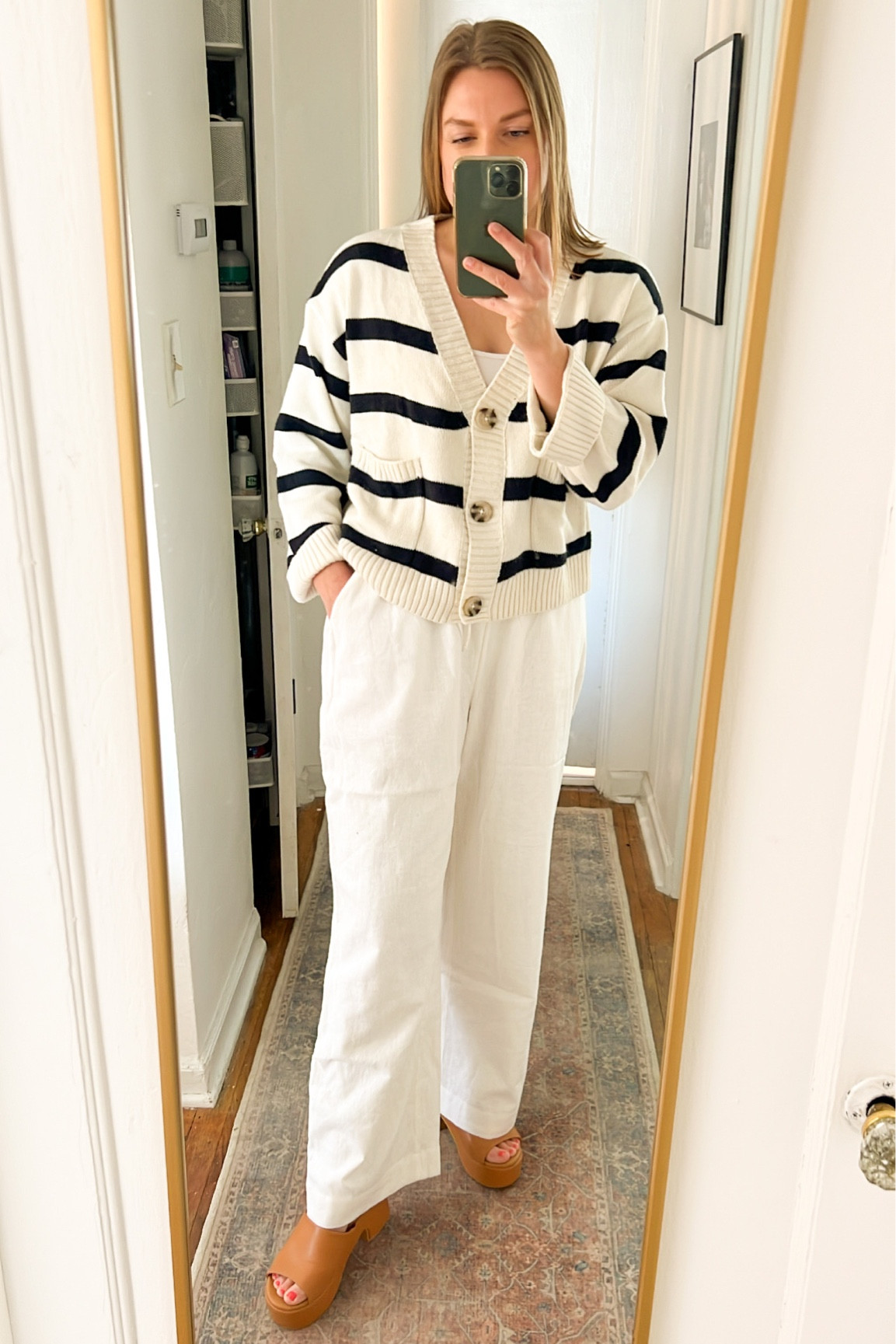 spring outfit, spring casual outfit, spring chic, casual workwear, linen, linen pants, white linen pants, summer sweater, striped sweater, platform sandals, summer sandals, wide leg pants, white pants

#LTKSeasonal #LTKunder100 #LTKshoecrush