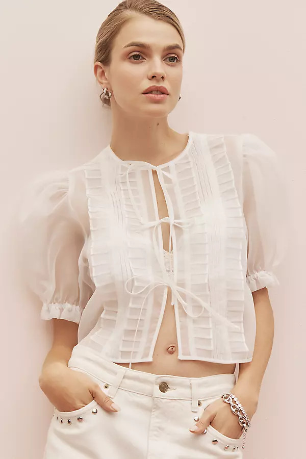 MABLE Sheer Tie-Front Puff-Sleeve Blouse | Anthropologie (US)