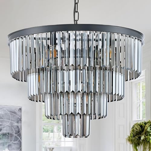 24”Modern Black Crystal Chandeliers Ceiling Round Smoke Gray Crystal Chandelier Luxury 4-Tier 12 Lights Pendant Light Fixture Contemporary for Dining Room Foyer Staircase Living Room | Amazon (US)