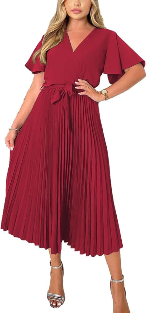 BTFBM Women Wrap V Neck Casual Summer Dresses 2023 Short Sleeve Satin Tie Waist Pleated Flowy Wed... | Amazon (US)