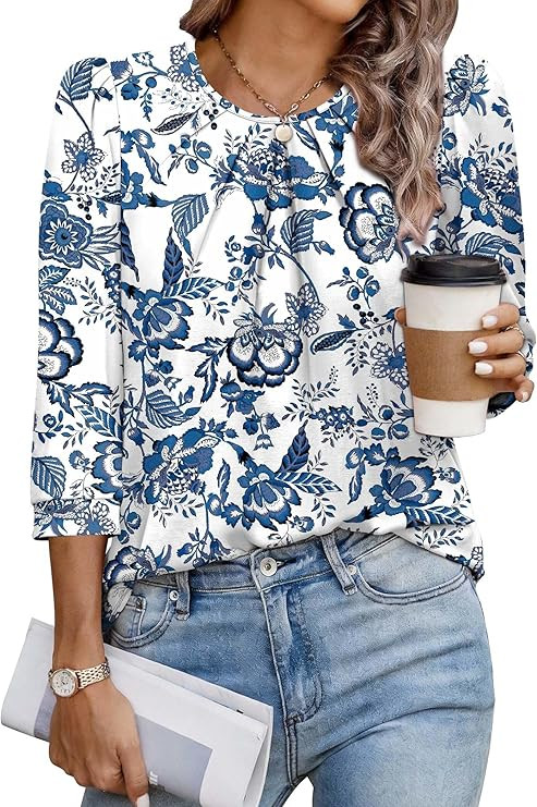 3/4 Length Sleeve Womens Tops Business Casual Outfits Pleated Front Blouses Dressy Casual Summer ... | Amazon (US)