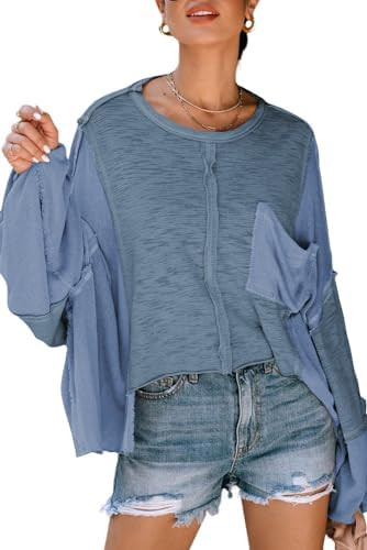 LEMAFER Women's Exposed Seam Chest Pocket Loose Sleeve Oversized Tunic Top Casual Solid Patchwork... | Amazon (US)