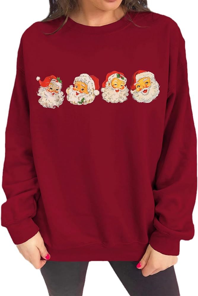 IZYJOY Women Christmas Santa Sweatshirt Retro Santa Claus Pullover Oversized Top Crewneck Long Sl... | Amazon (US)