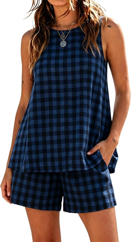 Gozoloma Women's Oversized Gingham 2 Piece Set Crewneck Sleeveless A-Line Top and Relaxed Shorts ... | Amazon (US)
