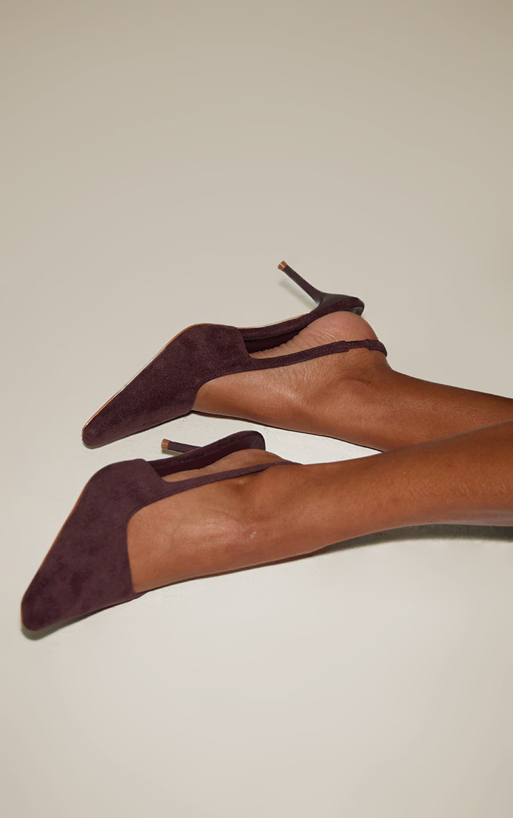 Chocolate Faux Suede Chiselled Toe Sling Back Court Shoe | PrettyLittleThing UK