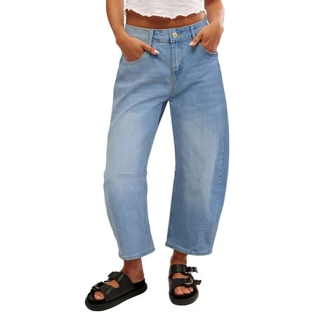 DOKOTOO Women's Barrel Jeans Wide Leg Vintage Mid Rise Y2k Baggy Boyfriend Ankle Denim Pants | Walmart (US)