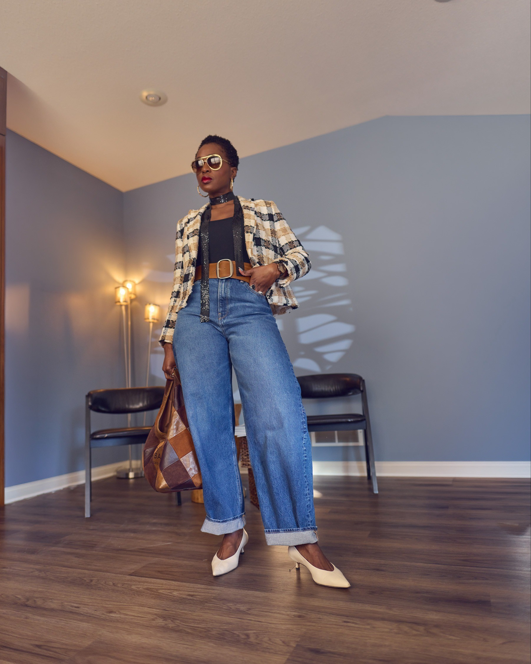 An easy barrel jeans Spring look with a cropped tweed jacket and leather pumps 💙 Love the quality of those jeans and that they are tall-girl friendly!!! blue jeans looks, Calvin Klein, M.Gemi, comfy heels, elevated casual fashion, fashion over 40

#LTKOver40 #LTKootd