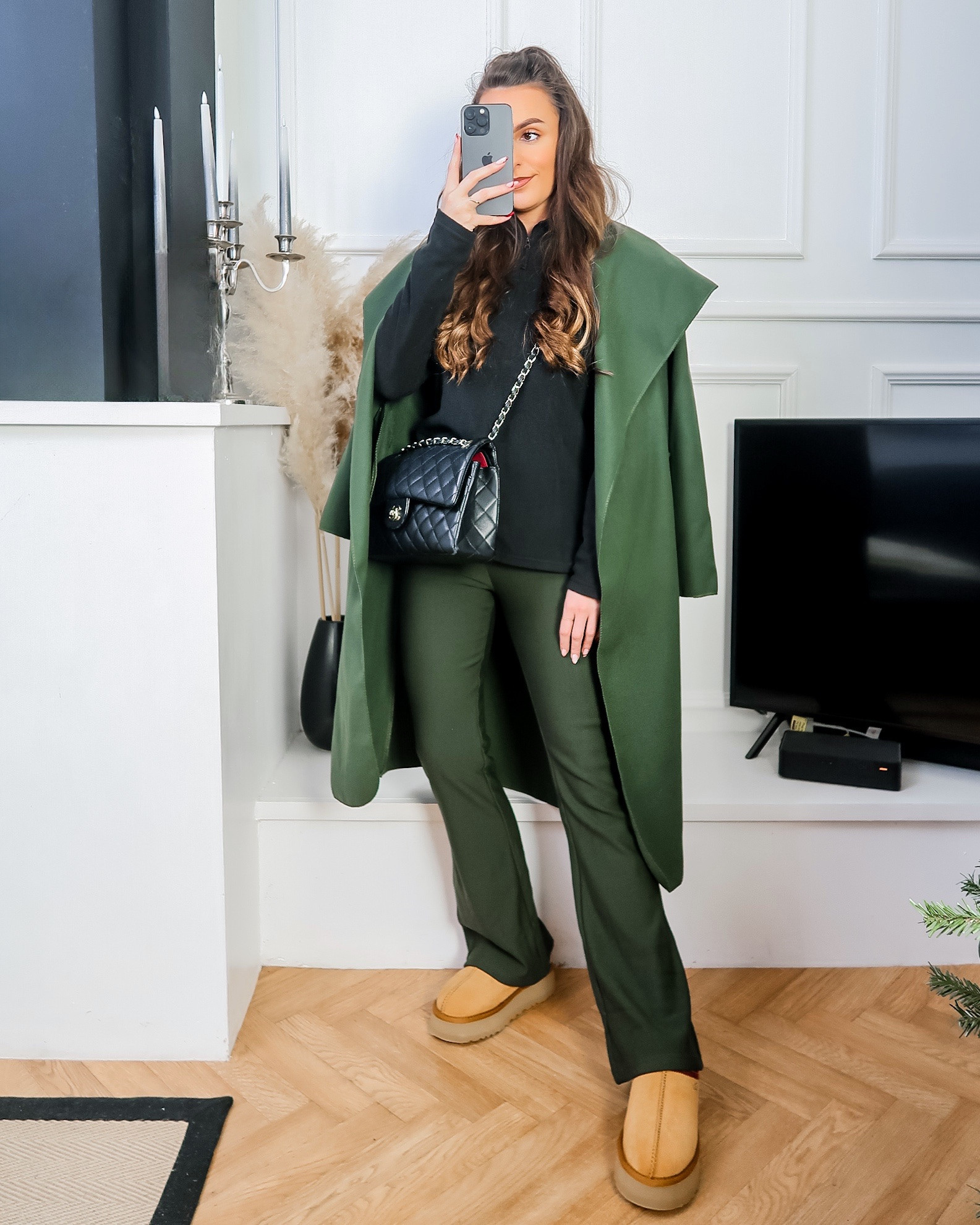 winter outfit ideas, chic winter style, cosy but stylish, cold weather fashion, January outfit inspo, everyday fashion, daily fashion posts, winter layering, winter wardrobe essentials, daily styling, olive leggings, olive flare leggings, fleece lined leggings, fleece leggings, winter leggings, khaki leggings, Ugg tazz slippers, platform uggs, khaki waterfall coat, black half zip fleece 

#LTKuk #LTKeurope #LTKwinter