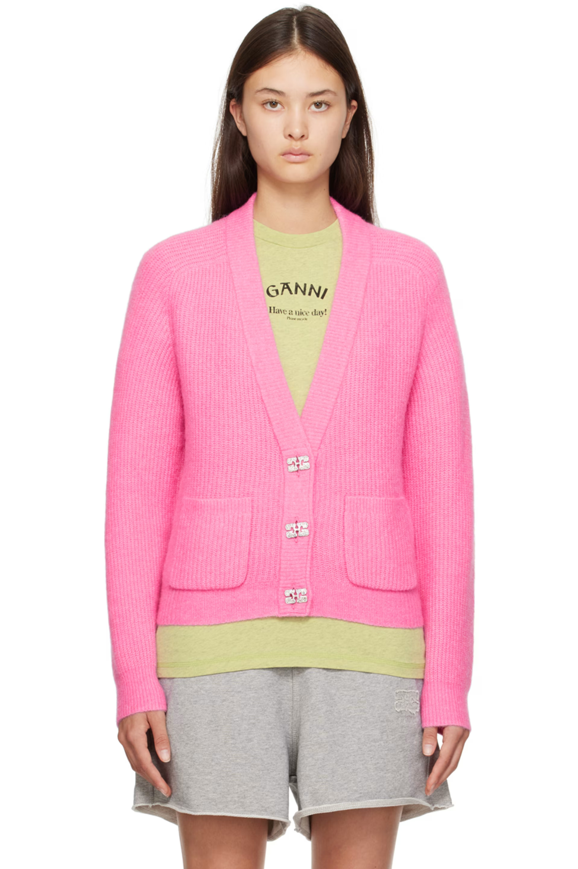 GANNI - Pink Crystal-Cut Cardigan | SSENSE