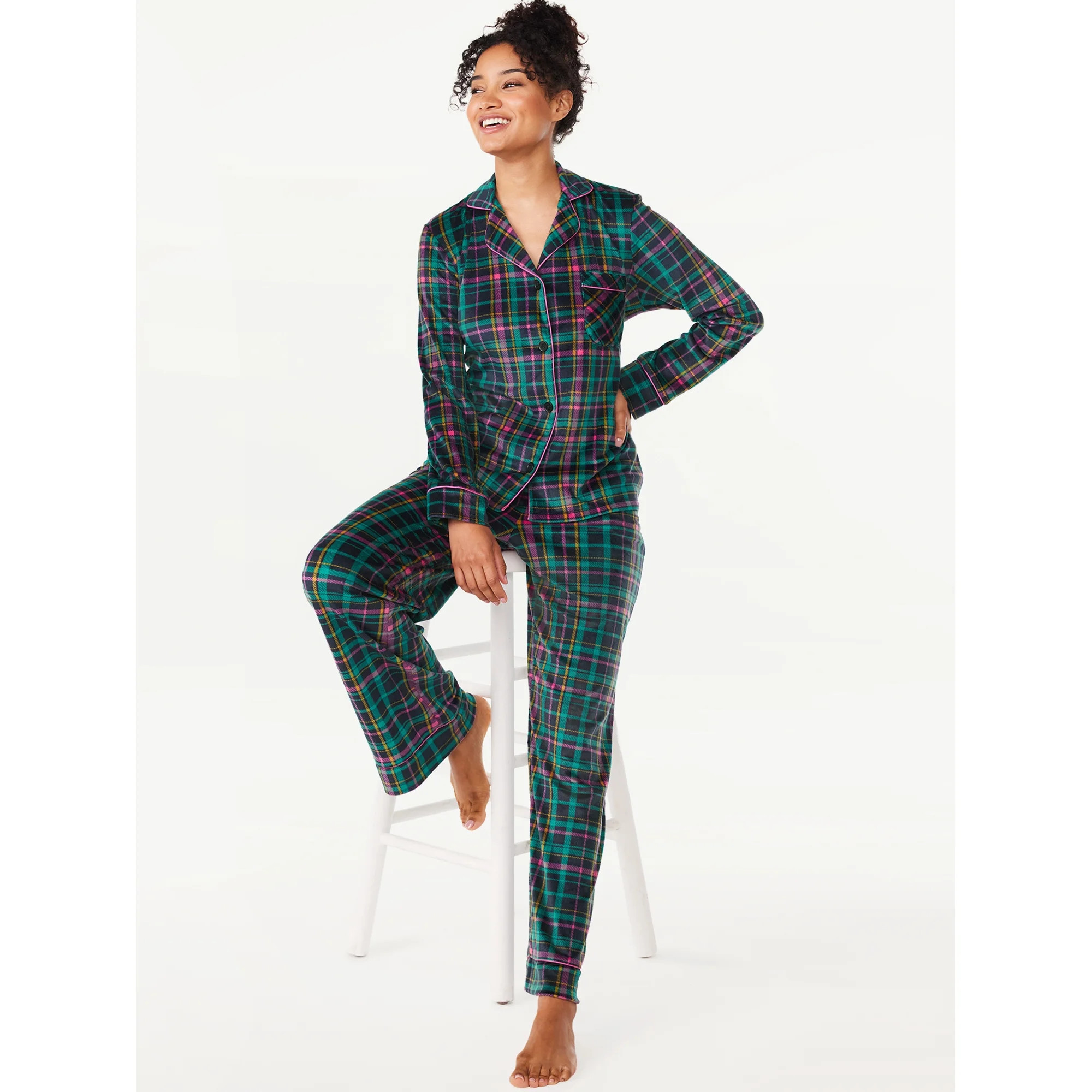 Joyspun Women’s Stretch Velour Notch Collar Top with Pants, 2-Piece Pajama Set, Sizes S to 3X | Walmart (US)
