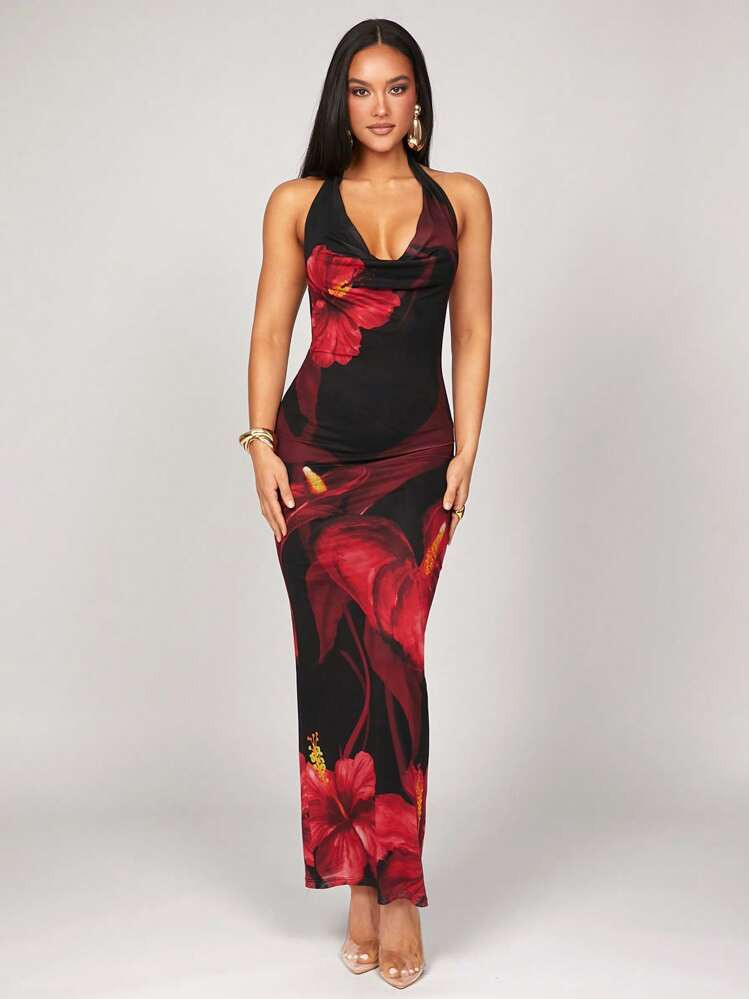 Silquee Spring And Summer Knit Dress Warm Red Floral Print Dress Pink Anthurium Print Dress Tiger Lily Print Dress Print Mesh Backless Dress, Floral Maxi Dress, Summer Outfits For Women, Beach Outfits For Women, Women Beachwear, Spring Break Dress, Summer Maxi Dress, Holiday Maxi Dress,Summer Dresses For Women | SHEIN