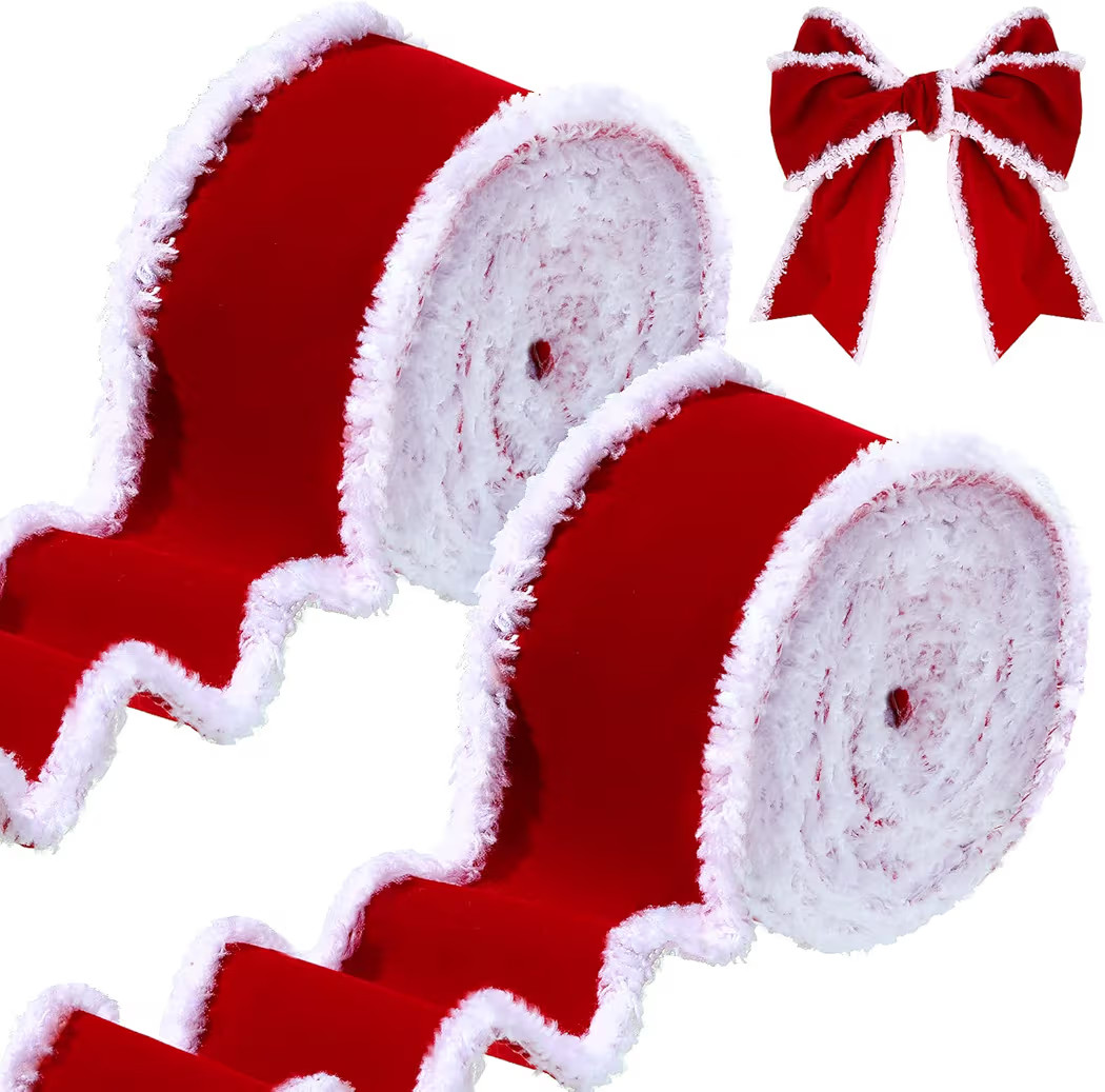 Syhood 2 Rolls Christmas Velvet Decorative Ribbons Rolls Craft DIY Fabric Cloth Wire Edge Ribbons... | Amazon (US)