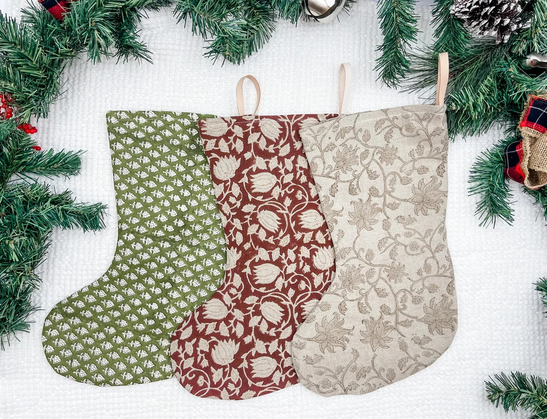 Christmas Decor, Block Printed Stockings, Floral Stockings, Farmhouse Decor, High End Christmas S... | Etsy (US)