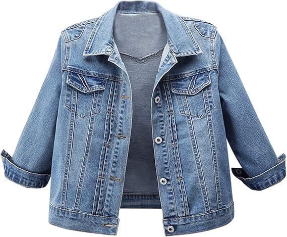 Omoone Women's 3/4 Sleeve Cropped Denim Jacket Summer Short Trucker Jacket Blue Jean Coats Tops | Amazon (US)