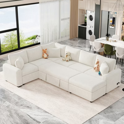 112.2" Convertible U-Shaped Sectional Sofa with Pull-Out Sofa Bed, Storage Ottoman, Charging Ports & 3 Pillows | Target