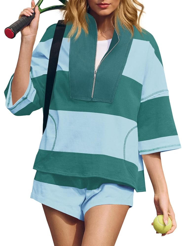 Fisoew Womens 2 Piece Outfits Summer Striped Sweatshirt Workout Shorts Sets Matching Lounge Set T... | Amazon (US)