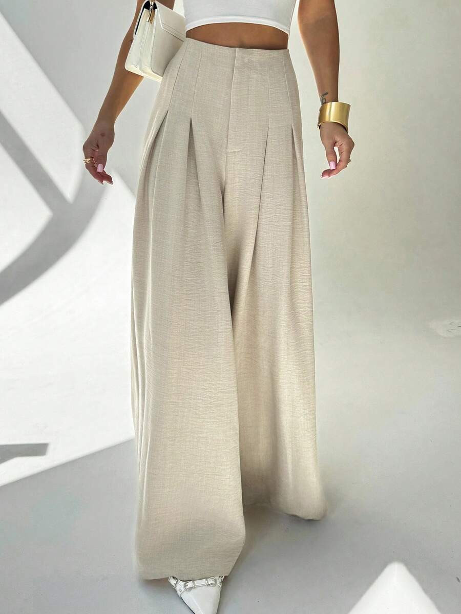 Firerie Pantalones anchos y sueltos con pliegues, elegantes y casuales, de color almendra y textura de lino. Adecuados para ir al trabajo, volver al colegio, vestimenta de maestros, negociaciones de negocios y otras ocasiones. Estilo de dinero antiguo. Ropa de otoño para mujeres. Pantalones intelectuales y elegantes. | SHEIN