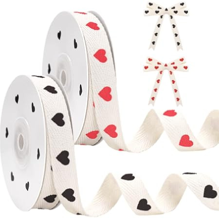 20 Yards Valentine's Heart Ribbon, Natural 5/8 Inch 100% Cotton Herringbone Twill Fabric Ribbon Red Valentine's Decorations for Crafts Galentines Party Gifts Wrapping, 2 Rolls | Amazon (US)