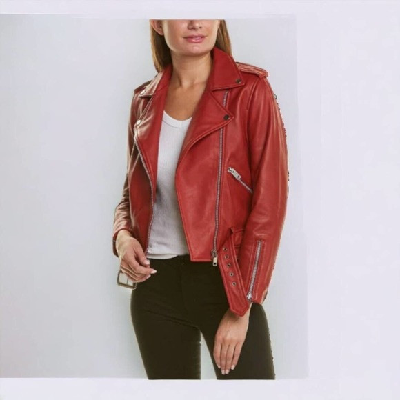 Walter Baker Allison Moto Jacket Women's XL Red Solid Pockets Leather Zipper New | Poshmark