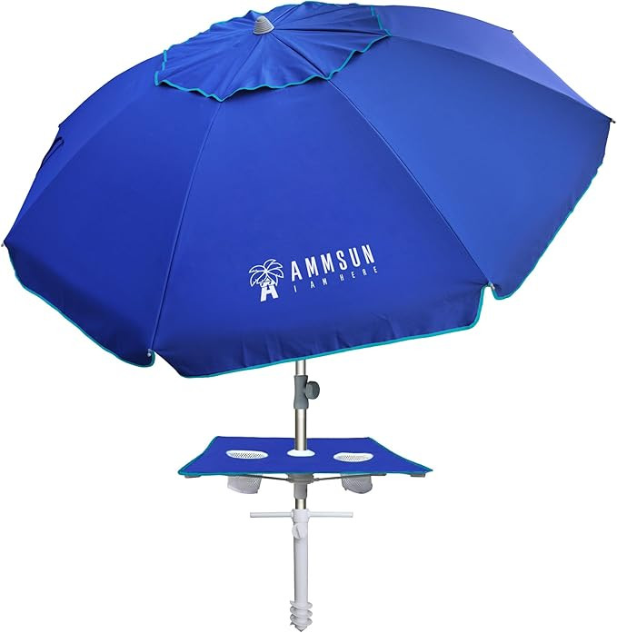 AMMSUN 7ft Heavy Duty High Wind Beach Umbrella with sand anchor, Built-in Table Tray Vent Tilt Po... | Amazon (US)