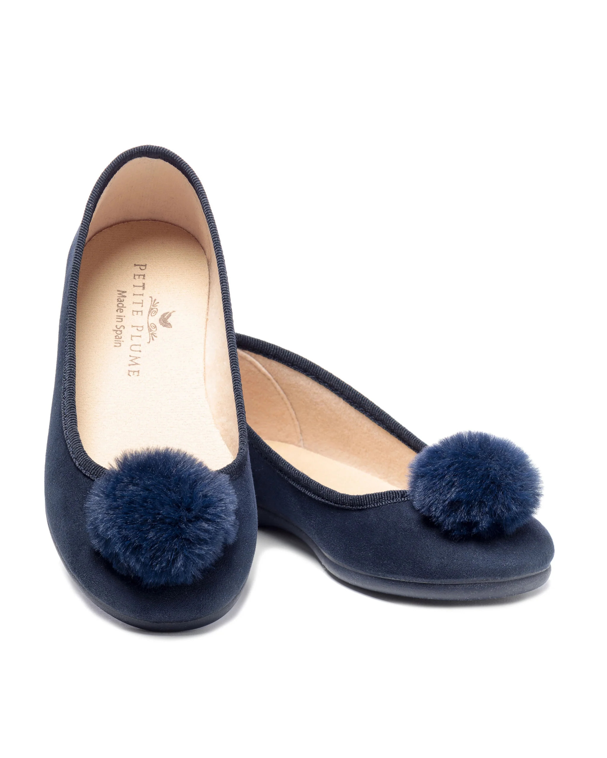 Kid's Juliette Slipper in Navy Suede with a Festive Pom | Petite Plume