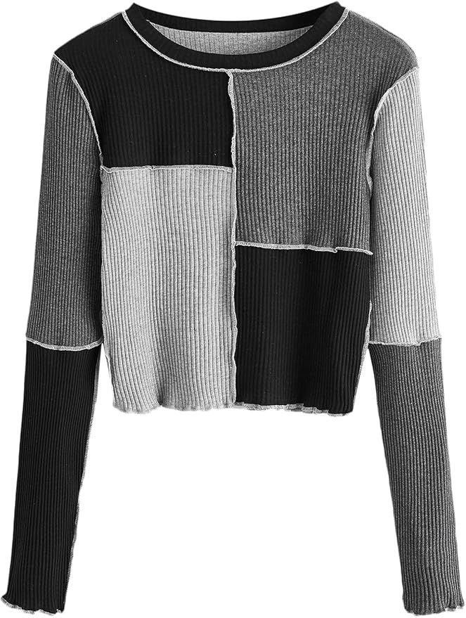 SheIn Women's Patchwork Color Block Crop Top Tees Long Sleeve Round Neck Ribbed Knit T Shirt | Amazon (US)
