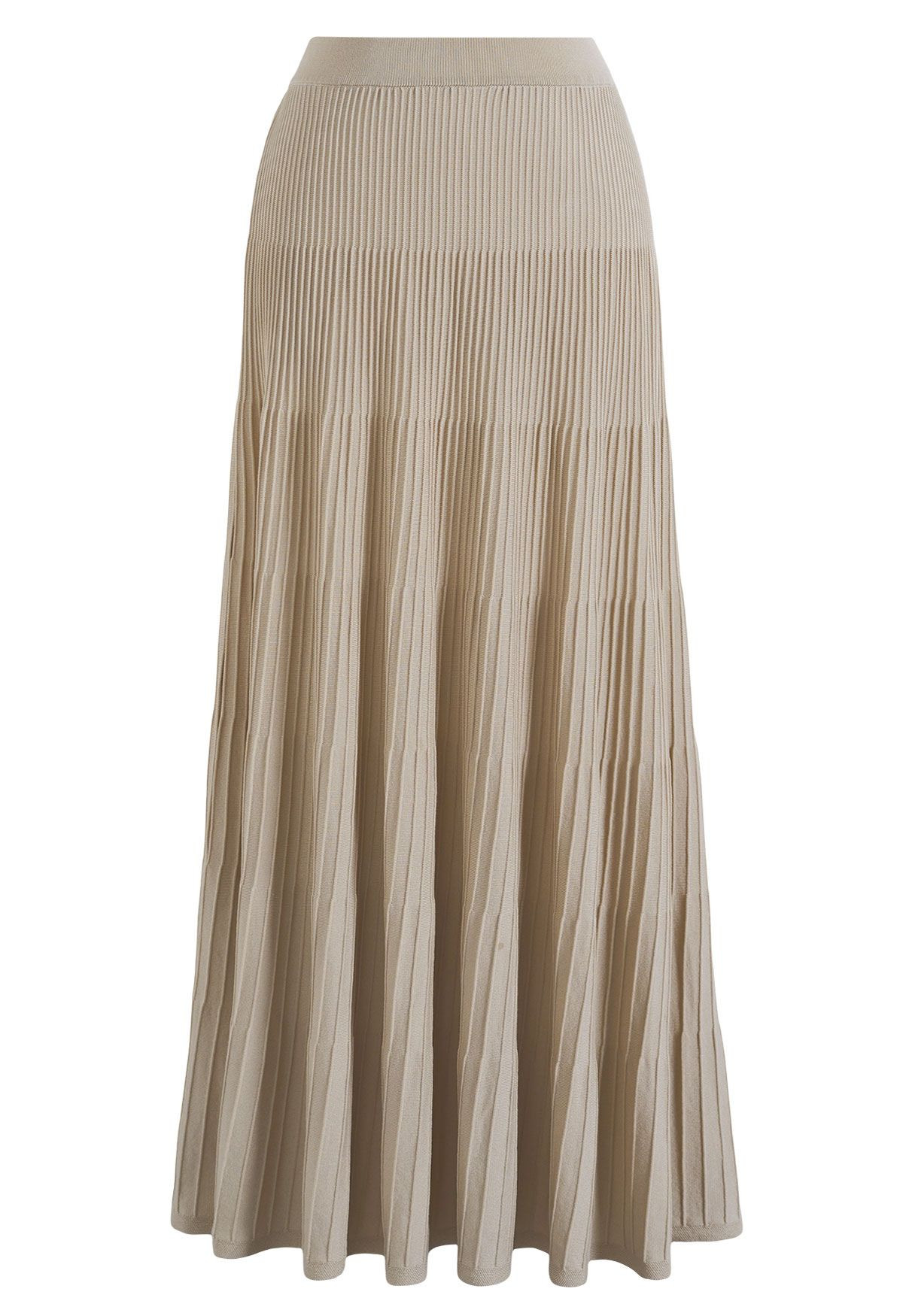 Poised Pleated Rib Knit Maxi Skirt in Khaki for Office Day & Casual Gathering | Chicwish