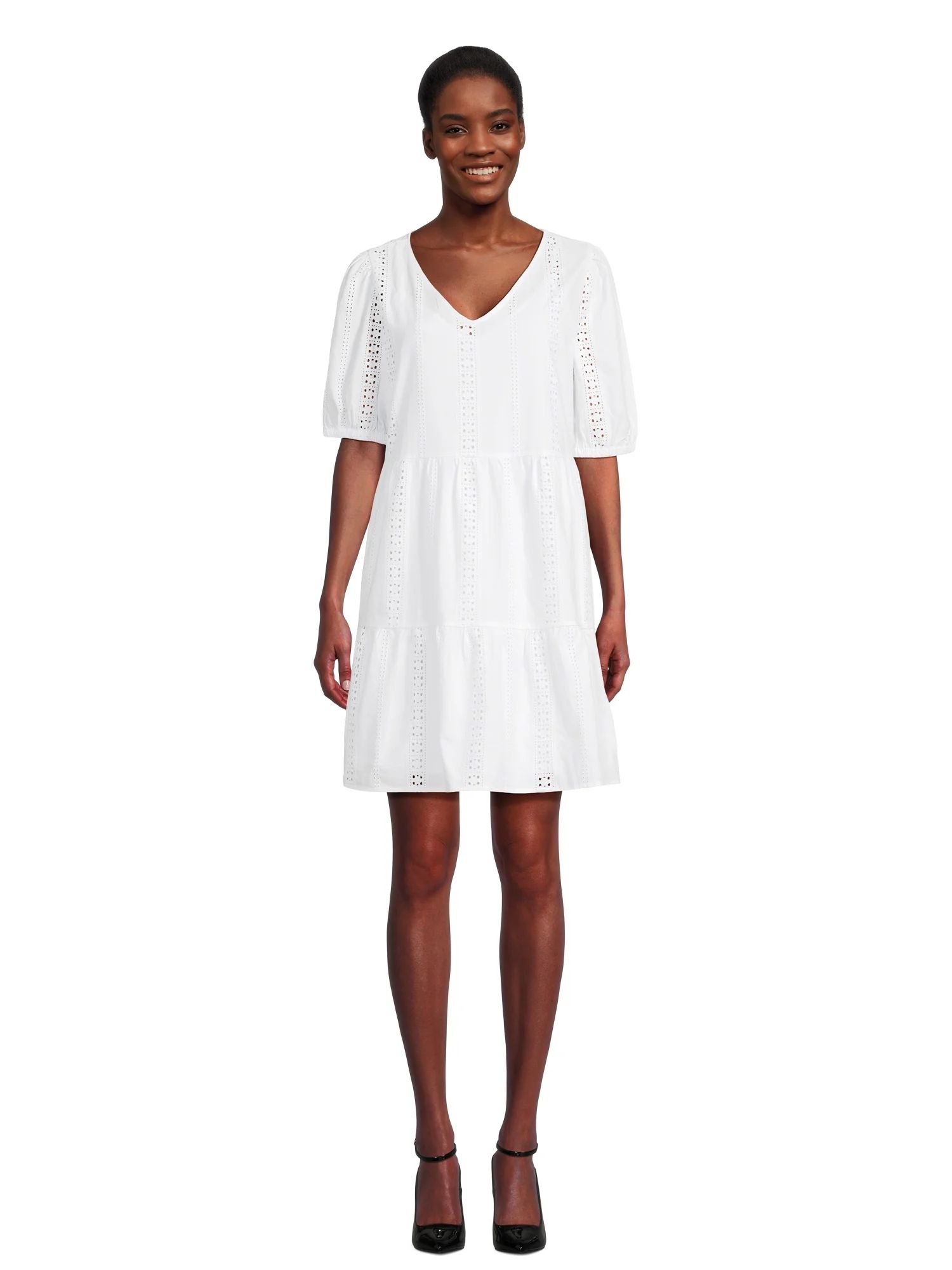 Time and Tru Women's and Women's Plus Eyelet Mini Dress with Puff Sleeves, Sizes XS-4X | Walmart (US)