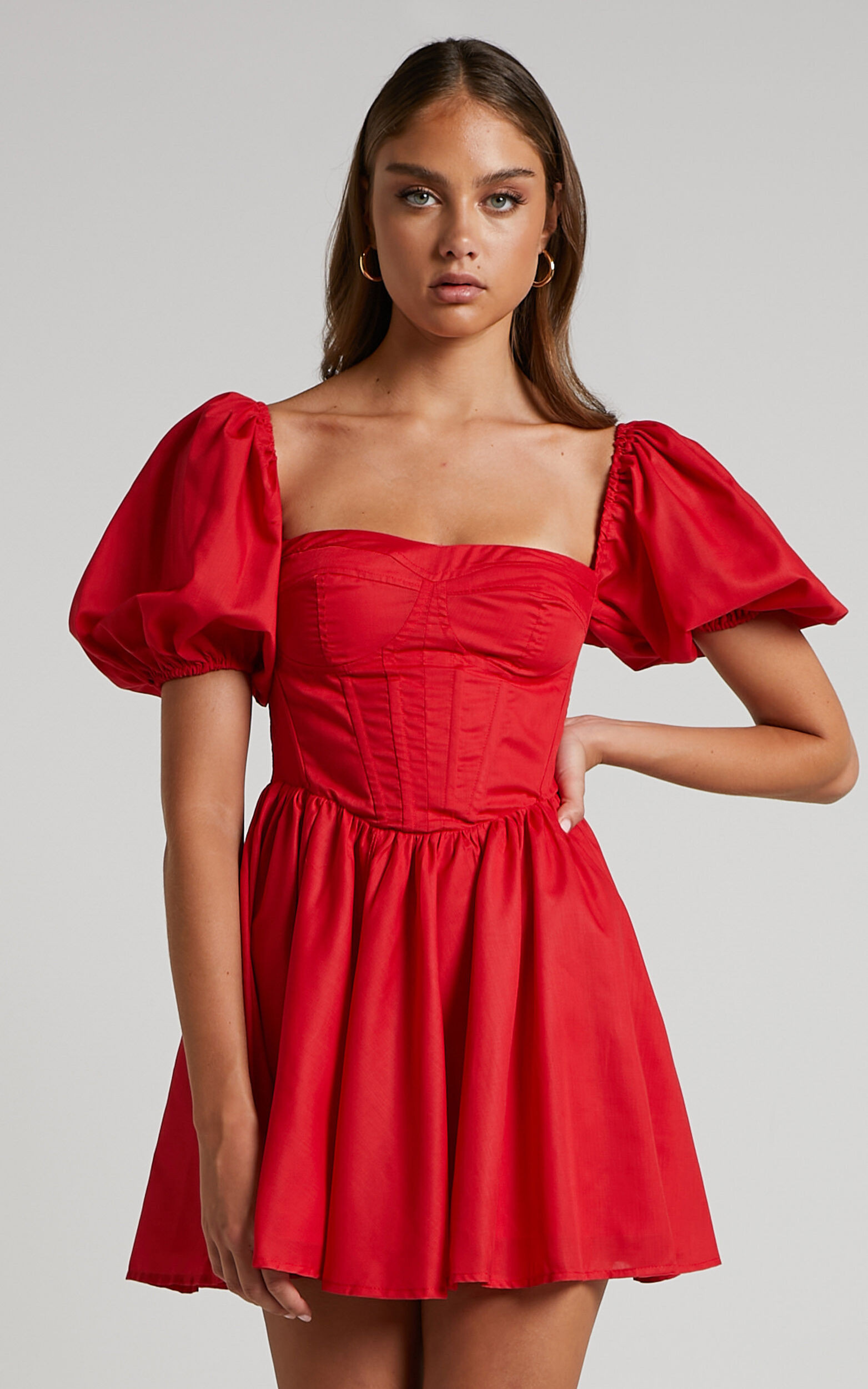 Souza Mini Dress - Fit and Flare Puff Sleeve Corset Dress in Red | Showpo (US, UK & Europe)
