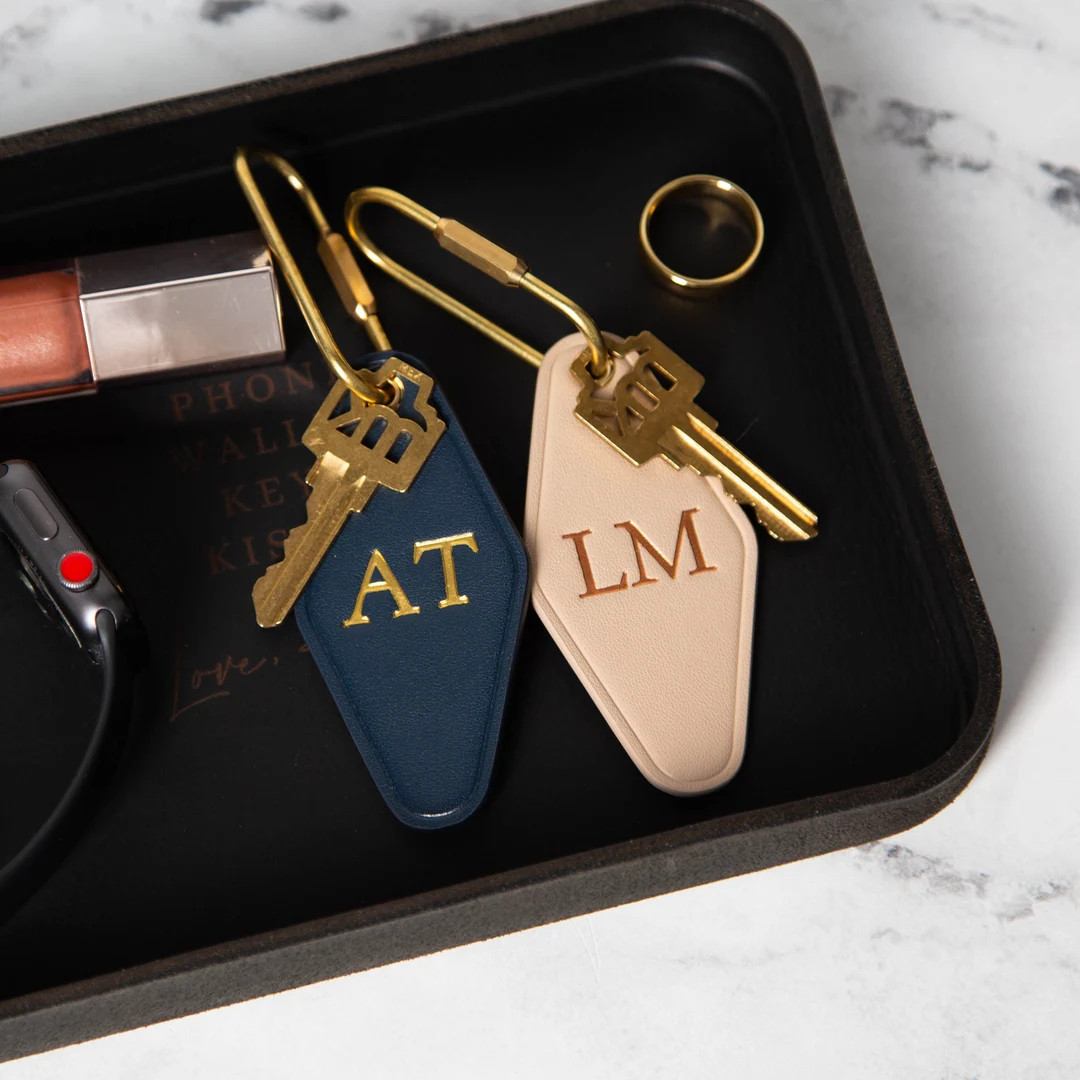 Embossed Diamond Leather Keychain initials Modern Key Rings, Custom Monogrammed Vintage Style Per... | Etsy (US)