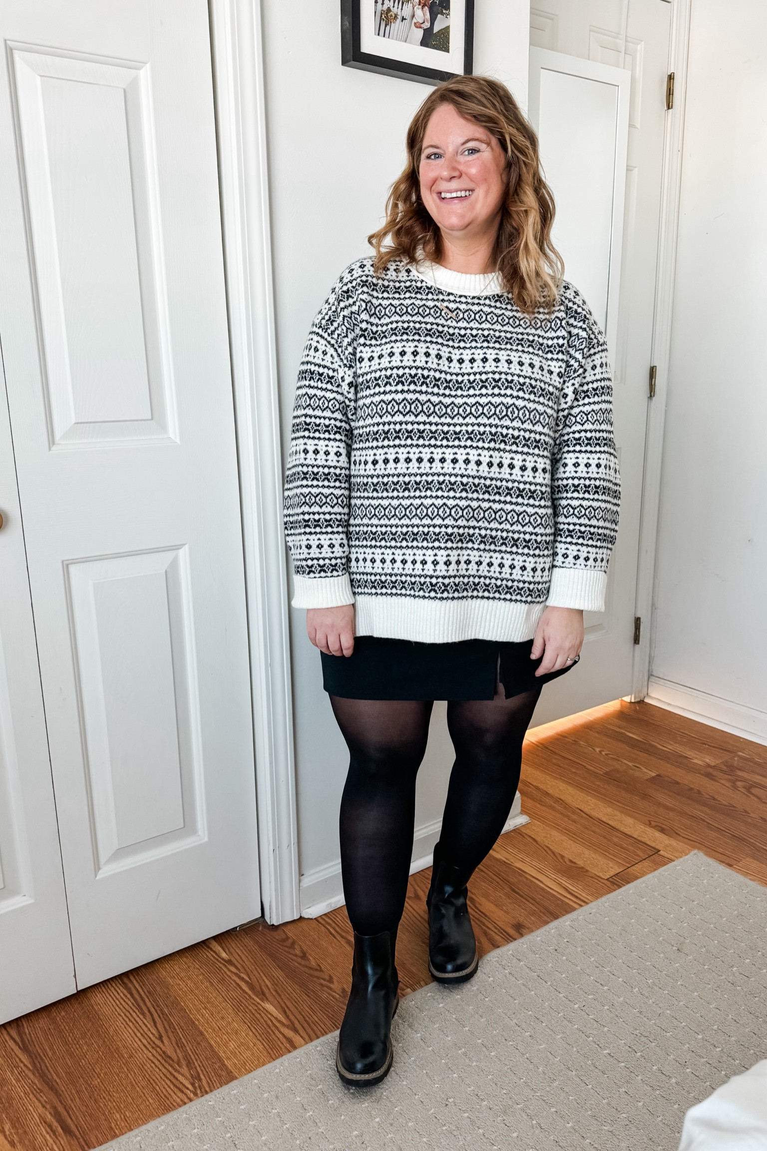 Teacher outfit! Wearing my cozy American eagle sweater with a black skirt.  My skirt is sold out so I’ll link others.  I sized up to an Xl in the sweater for a roomy fit. Tights are sheertex and I’ve had them for a year so far without them ripping  

#LTKCyberWeek #LTKSeasonal #LTKMidsize