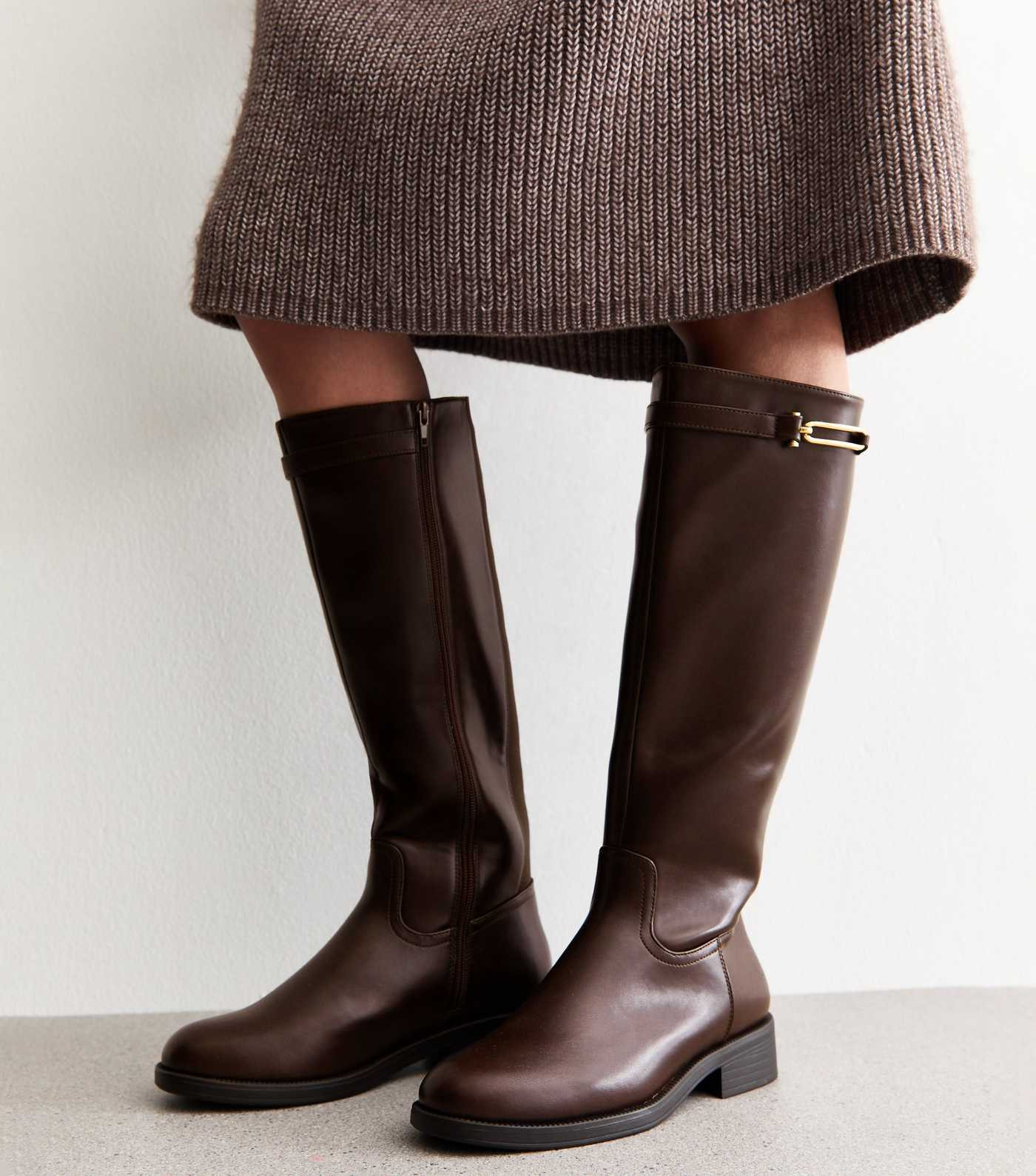 Wide Fit Brown Faux Leather Riding Look Knee High Boots | New Look | New Look (UK)