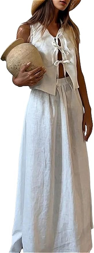 2 Piece Linen Set for Women Casual Sleeveless Tie Front Top Boho Maxi Skirt Vacation Outfits Summ... | Amazon (US)