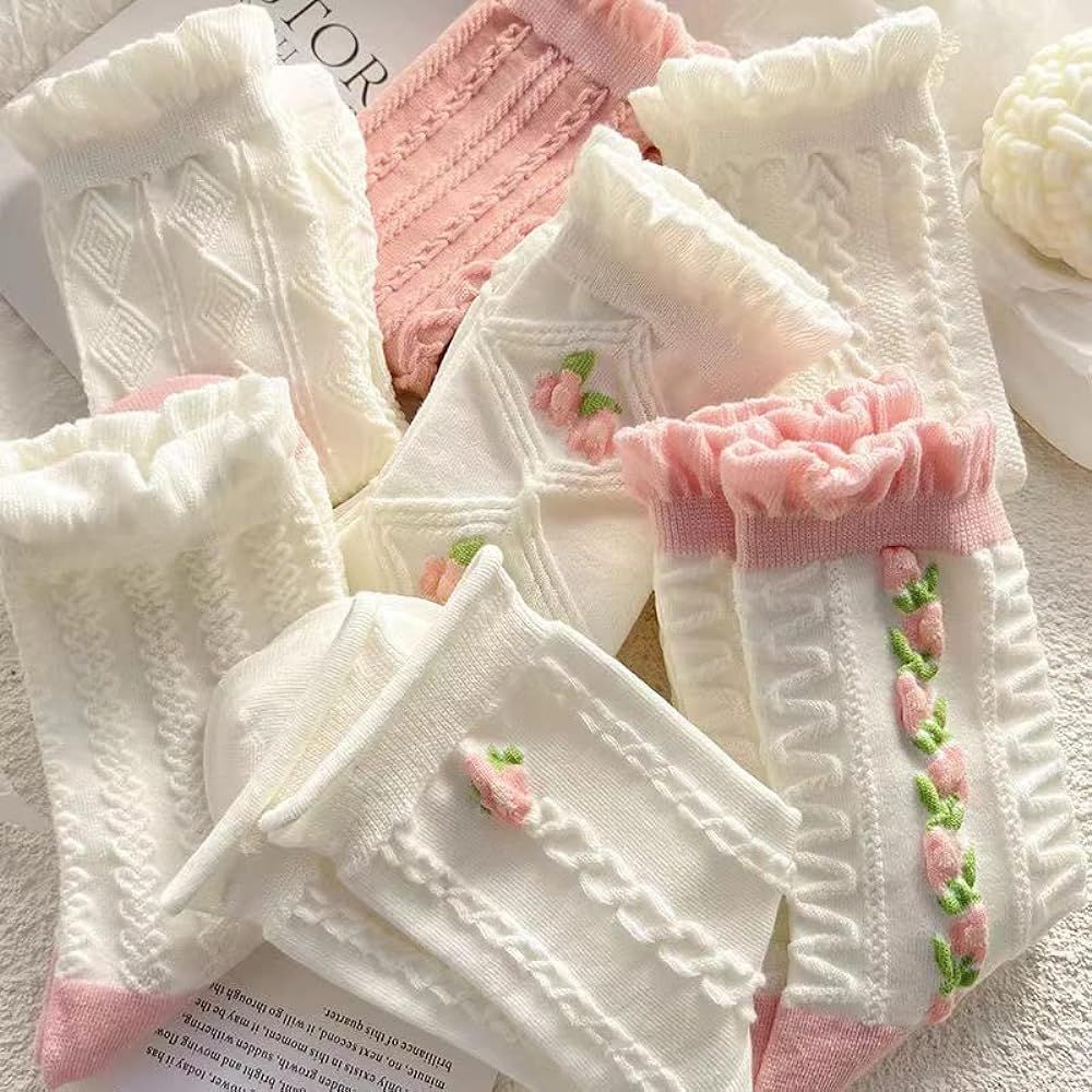 Donloise Fairycore Floral Socks 5 Pairs Embossed Crimped Socks Aesthetic Elastic Casual Socks Ruf... | Amazon (US)