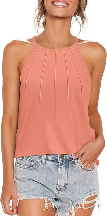 WEESO Womens Tank Tops Dressy Casual Pleated Halter Camisole Tops Summer Outfits Sleeveless Fashi... | Amazon (US)
