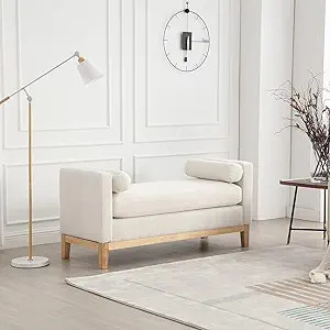 Upholstered Bench - 53.5" W, Wood Legs, Bolster Pillows, Boucle Fabric, Caramel for Bedroom, Livi... | Amazon (US)