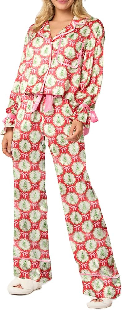 NUFIWI Christmas Bow Tie Front Pajamas for Women Cute Print Long Sleeve Shirts Pants 2 Pieces Xma... | Amazon (US)