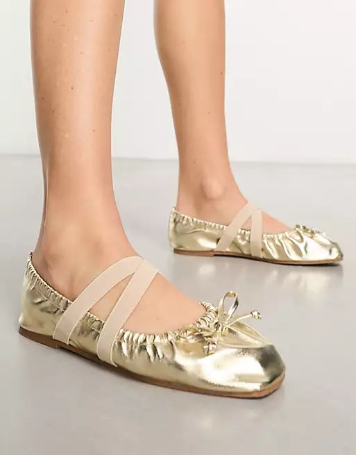 ASOS DESIGN Los Angeles ruched ballet flats with elastic strap in gold | ASOS (Global)