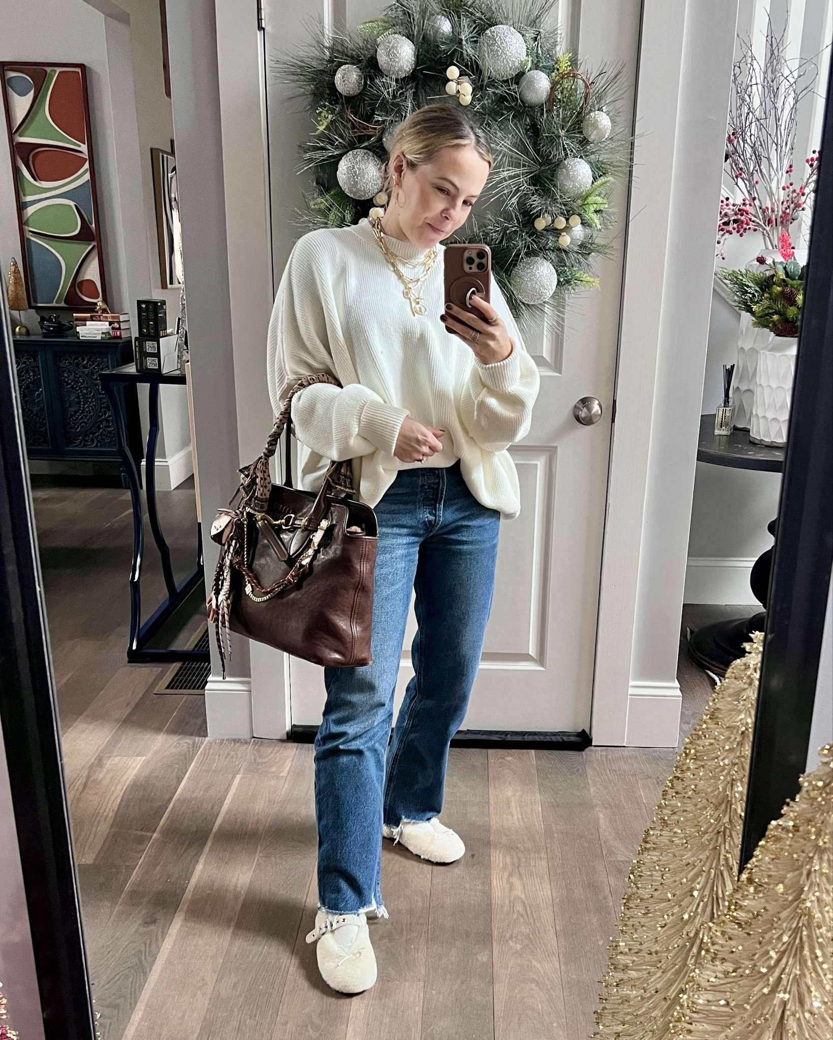 Keeping it simple with this outfit - ivory sweater and some classics straight leg jeans. Adding a little fun with shearling ballet slippers.

#LTKPetite #LTKOver40
