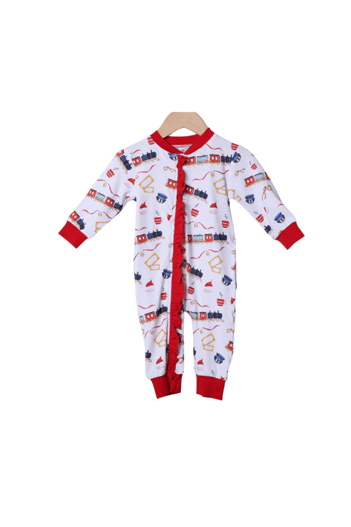 Christmas Train Zippy Ruffle Romper | The Smocked Flamingo