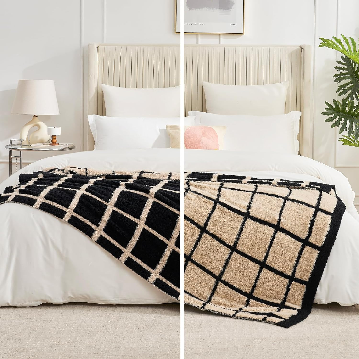 Amélie Home Fluffy Soft Faux Fur Feather Yarn Throw Blankets for Couch, Double Sided Checkered T... | Amazon (US)