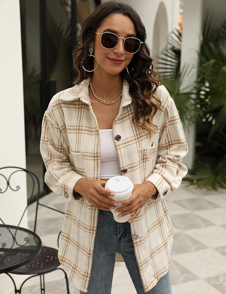 Women's Casual Plaid Lapel Button Up Short Brushed Shacket Blouse Top Coat | Amazon (US)