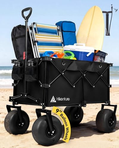 Hikenture Beach Wagon with Balloon Wheels, 9" PU Tires Collapsible Wagon, 440lbs Heavy Duty Beach... | Amazon (US)