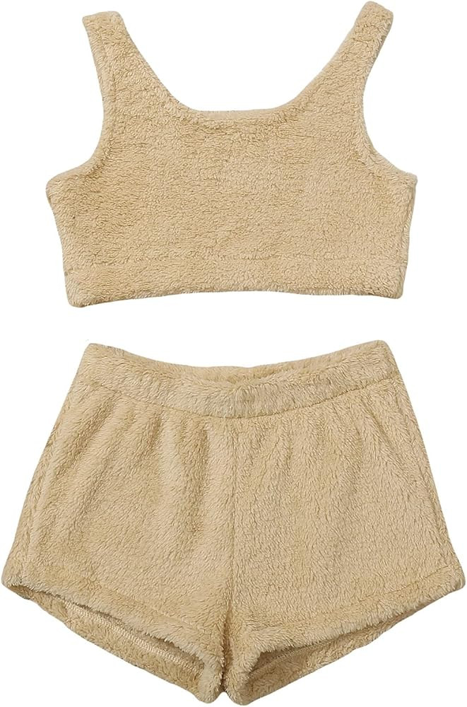 SweatyRocks Women's Fluffy Pajamas Set Crop Tank Top with Shorts Loungewear | Amazon (US)