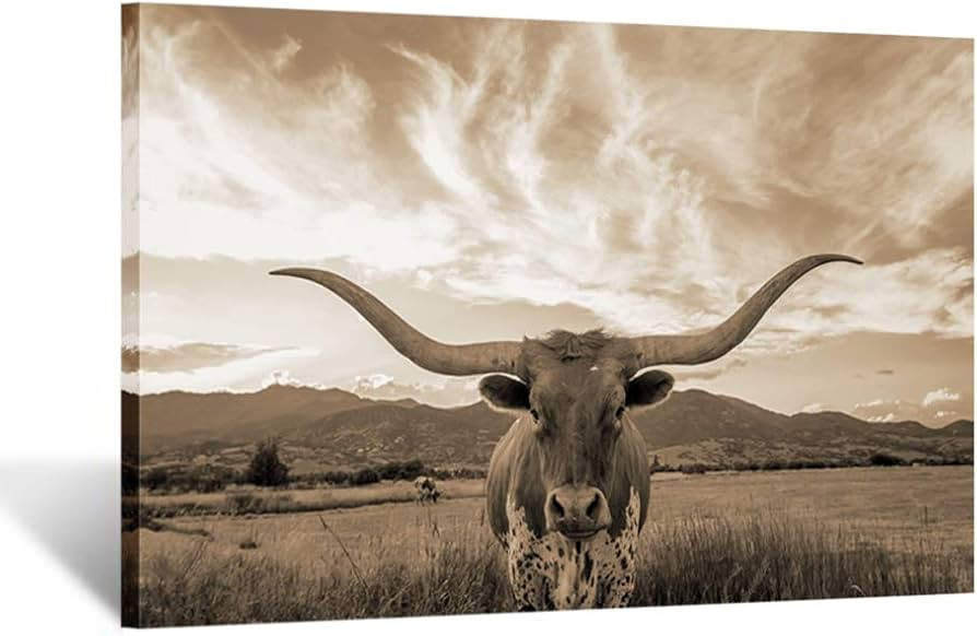 KREATIVE ARTS Sepia Texas Animal Canvas Wall Art Highland Cattle with Long Horns Picture Longhorn... | Amazon (US)