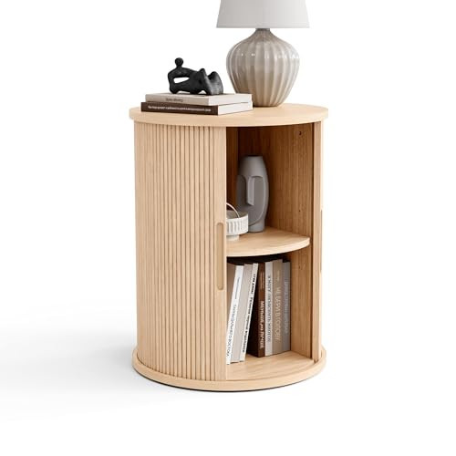 LINSY HOME Round Side Table, Mid-Century Modern End Table with Sliding Tambour Door and Storage Shelf, Small Circle Sofa Table for Living Room, Bedroom, Oak | Amazon (US)