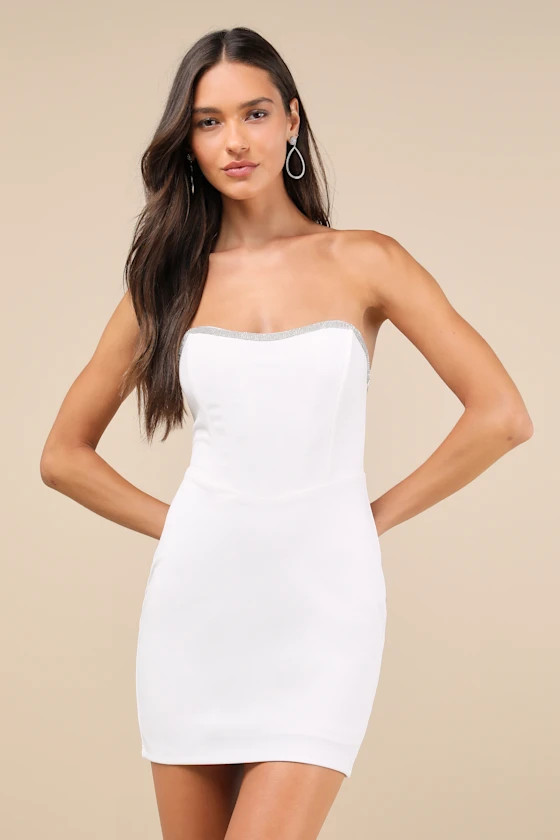 Sparkly Finesse White Rhinestone Strapless Bustier Mini Dress | Lulus