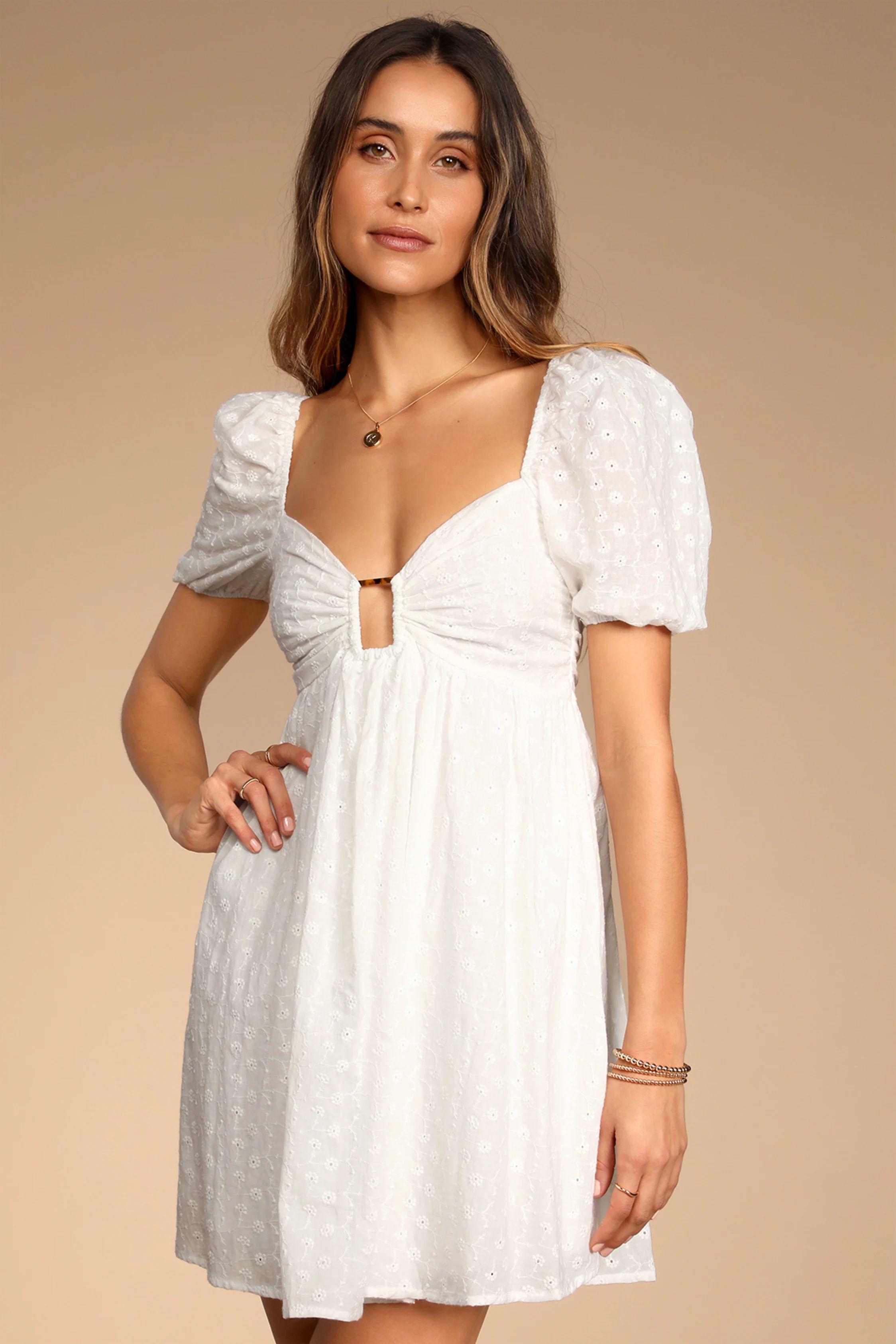 Sunny Day Stunner White Eyelet Embroidered Babydoll Dress | Lulus