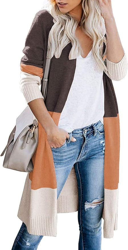 CARDYDONY Women's Long Cardigan Open Front Color Block Cardigan Knit Sweaters | Amazon (US)